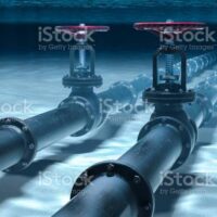 Pipeline lying on ocean bottom underwater. 3D rendering